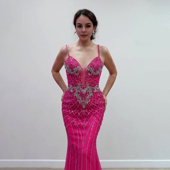 New Mermaid Long Prom Gown w/ Illusion Deep V-Neck & Beads Embroidery JT2709T - Picture 1 of 8